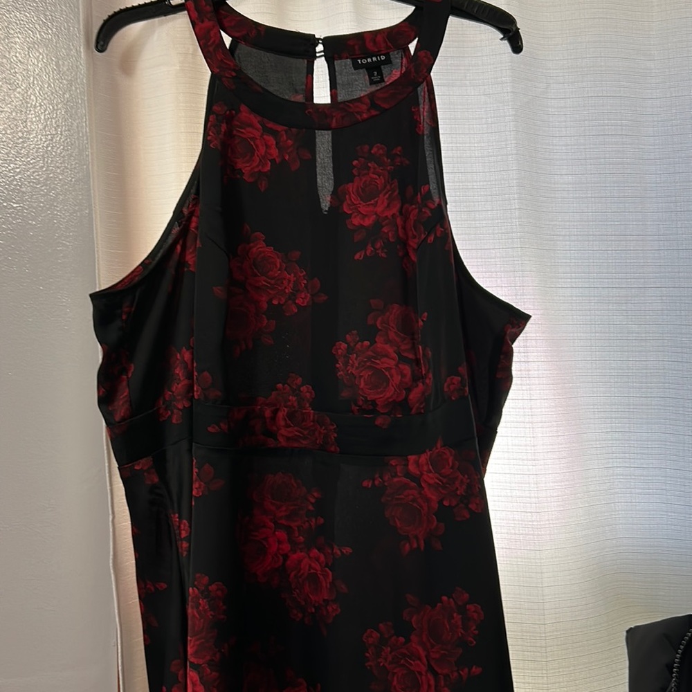 Black silky Red roses peplum blouse